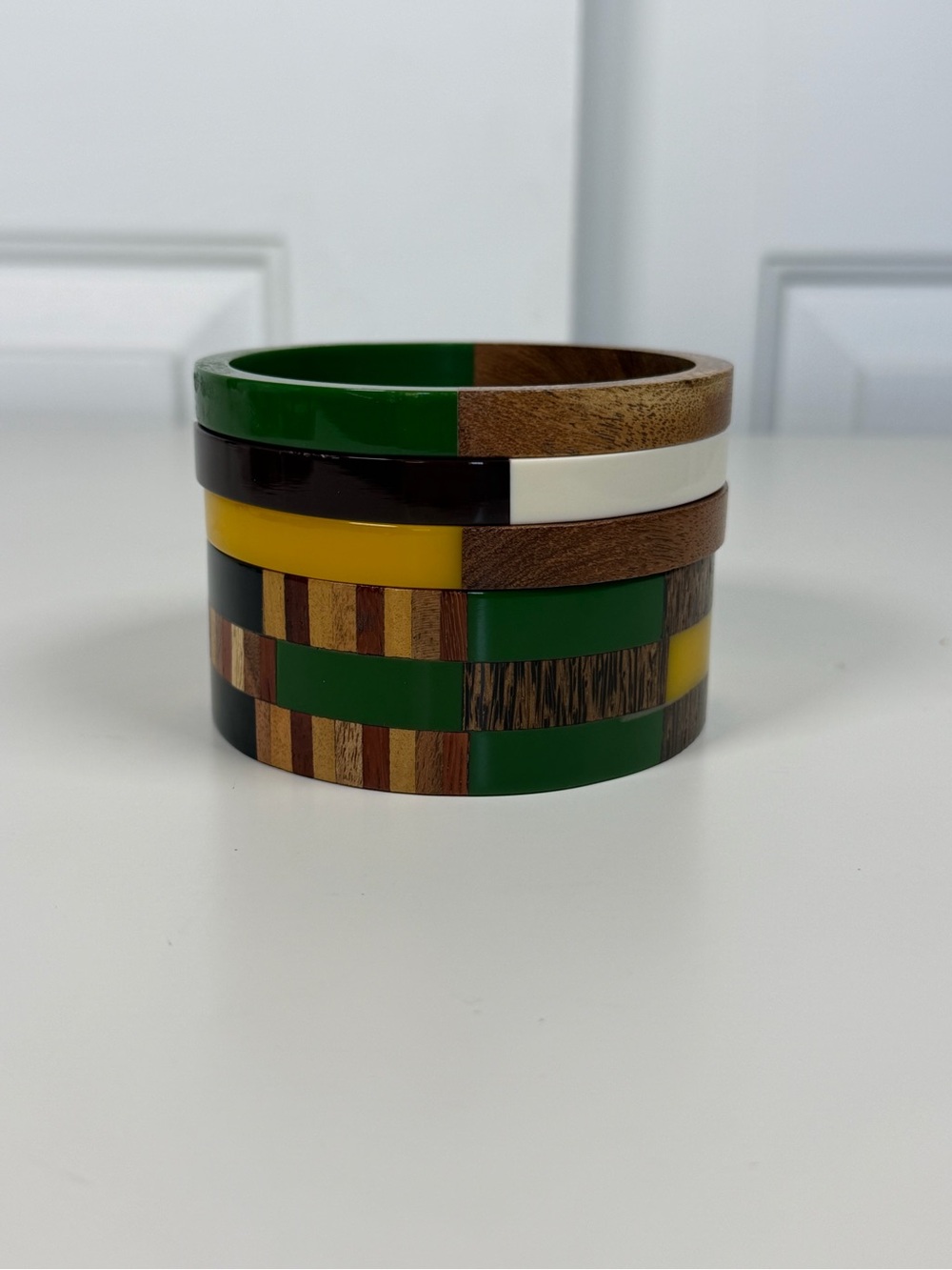 Colorful Tribal Wood Inlay Bangle Bracelets Lot Of 4